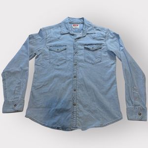 Vintage Wrangler Light Denim Western Cowboy Brown Pearl Snap Shirt | Medium